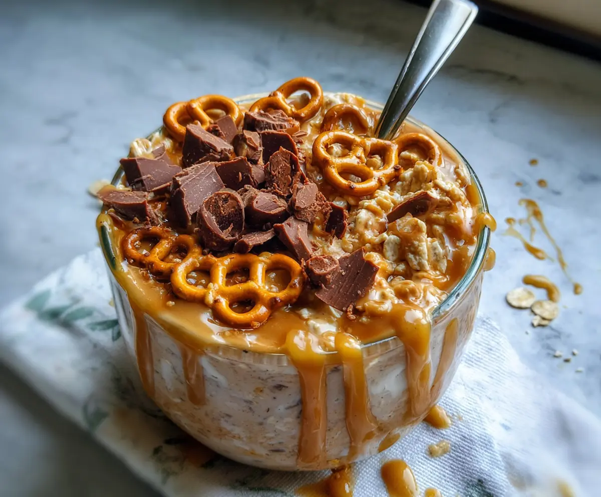 Creamy salted caramel overnight oats with crunchy pretzels in a glass jar