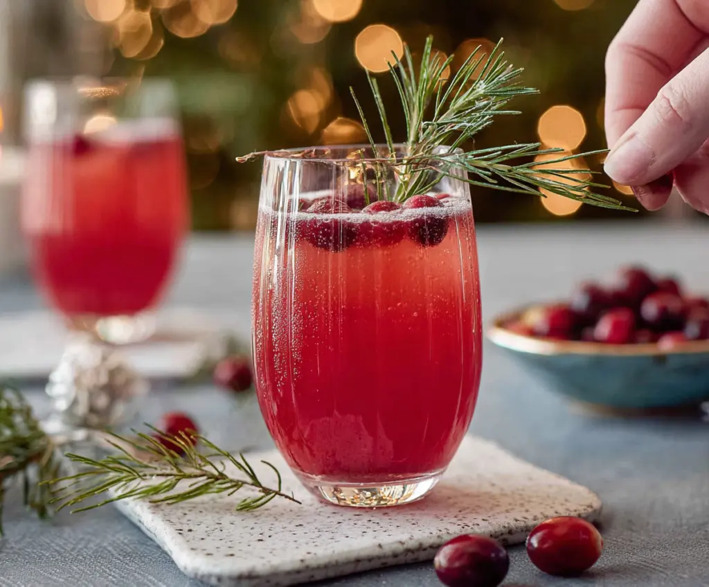 Festive Santa Spritz cocktail in a glass with red and white holiday decorations