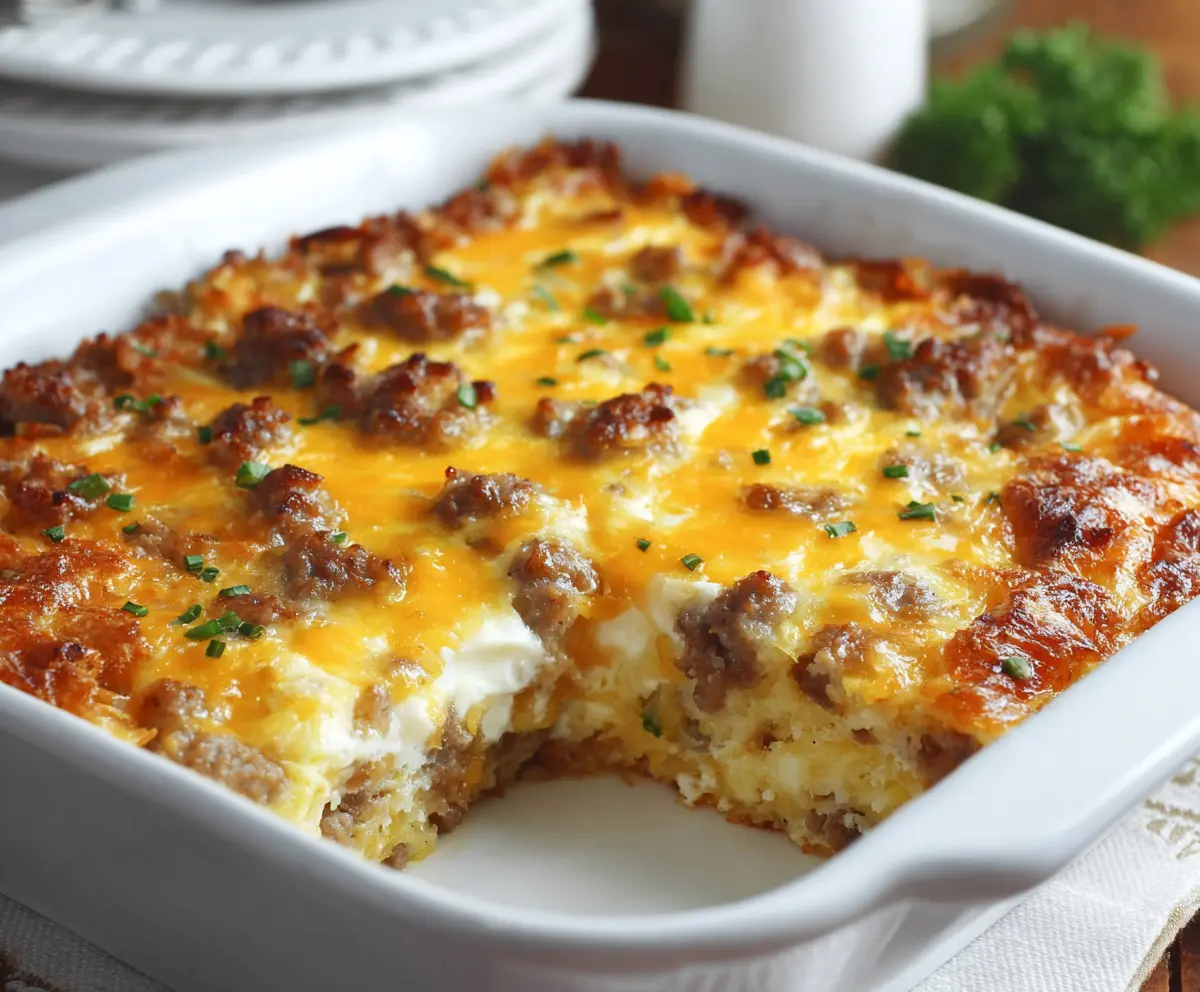 Delicious sausage and egg breakfast casserole with cream cheese and hashbrowns served fresh.