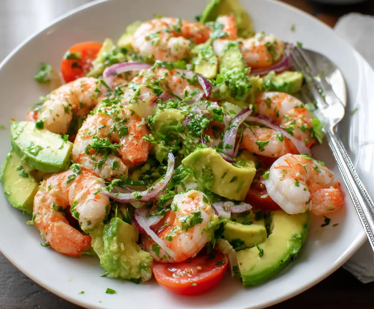 Fresh shrimp and creamy avocado salad served in a white bowl, perfect for a healthy meal.