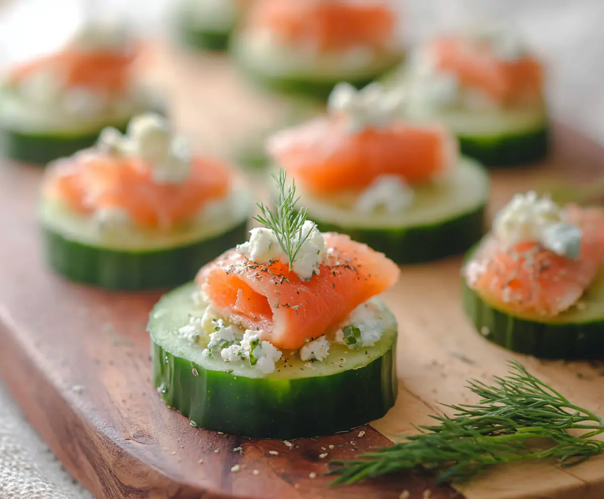 Delicious smoked salmon cucumber bites garnished with fresh herbs for a tasty appetizer.