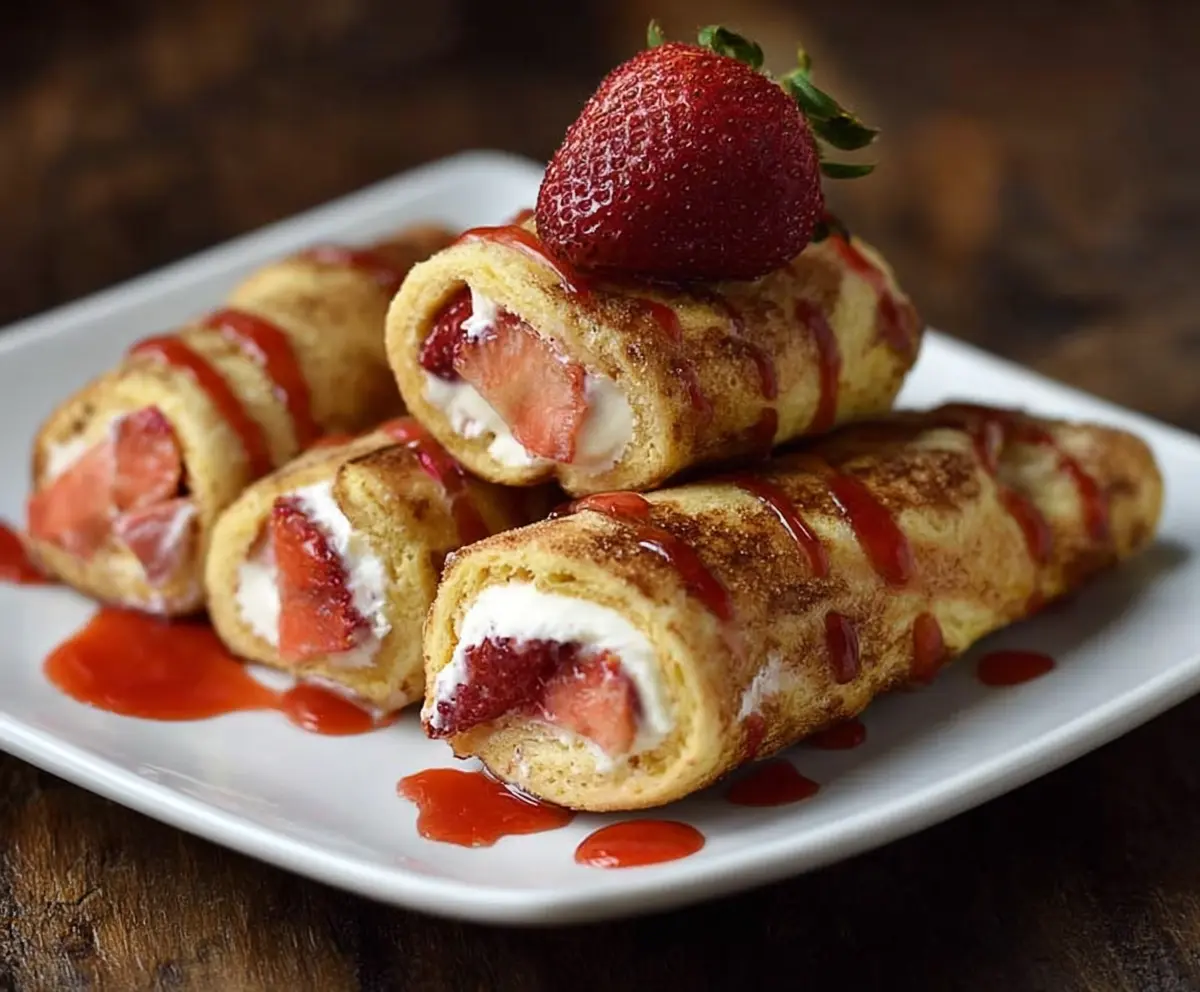 Delicious strawberry cream cheese roll ups garnished with fresh strawberries and mint ready to serve as a sweet snack.