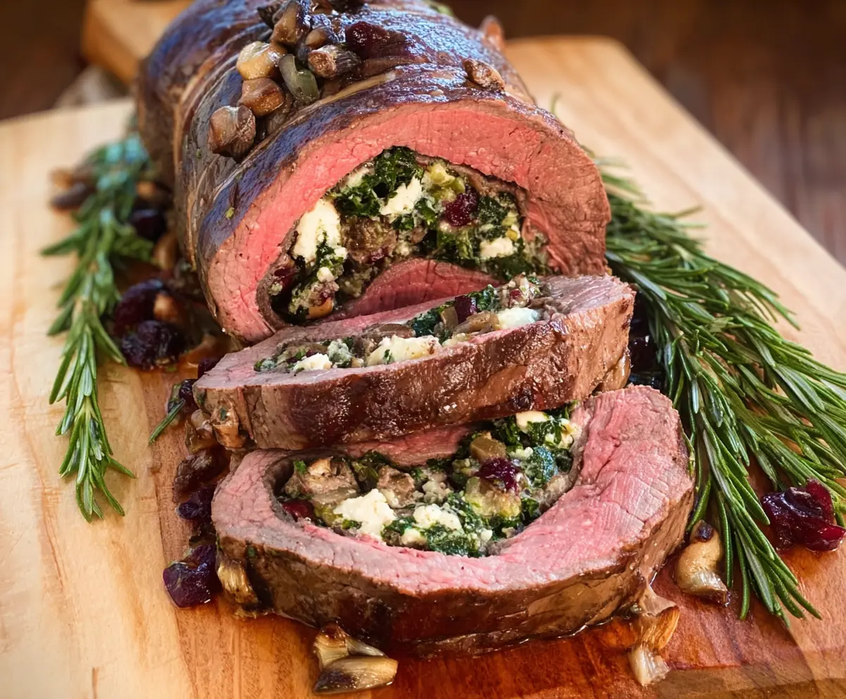 Juicy stuffed beef tenderloin garnished with herbs on a rustic cutting board.