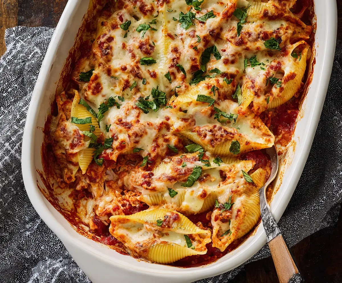 Delicious stuffed pasta shells filled with cheese and herbs, topped with marinara sauce for a hearty Italian meal.