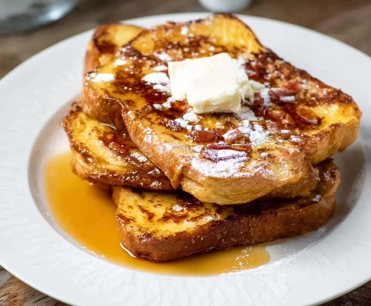 Delicious Texas French Toast topped with powdered sugar and fresh berries on a rustic plate.