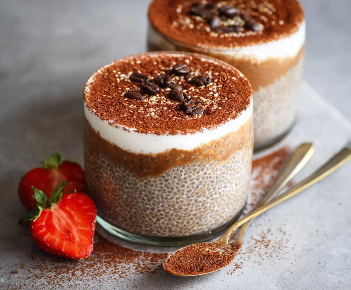 Creamy Tiramisu Chia Pudding with cocoa powder and mascarpone topping, perfect for a healthy dessert