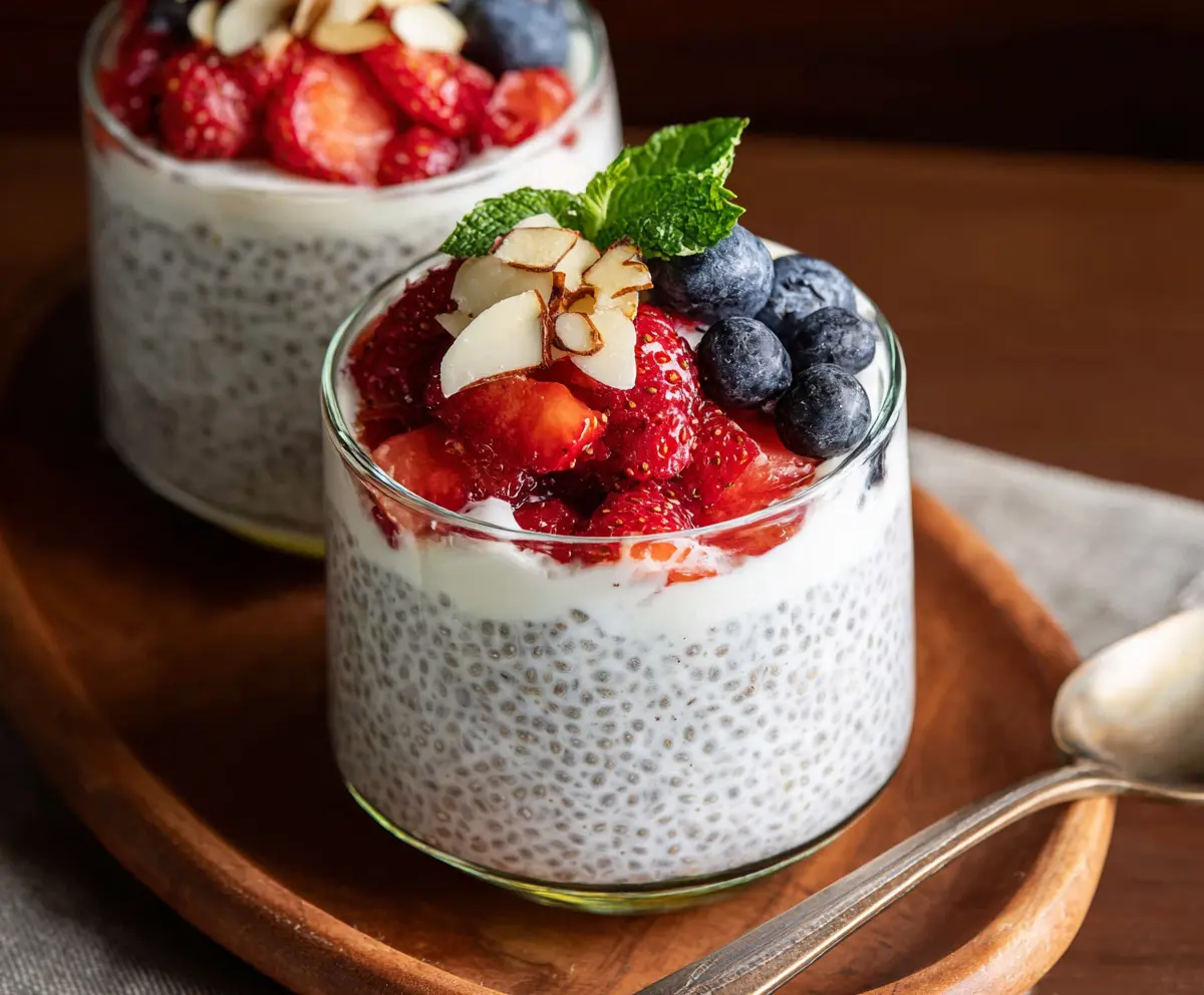 Creamy vanilla chia seed pudding topped with Greek yogurt and fresh fruit.
