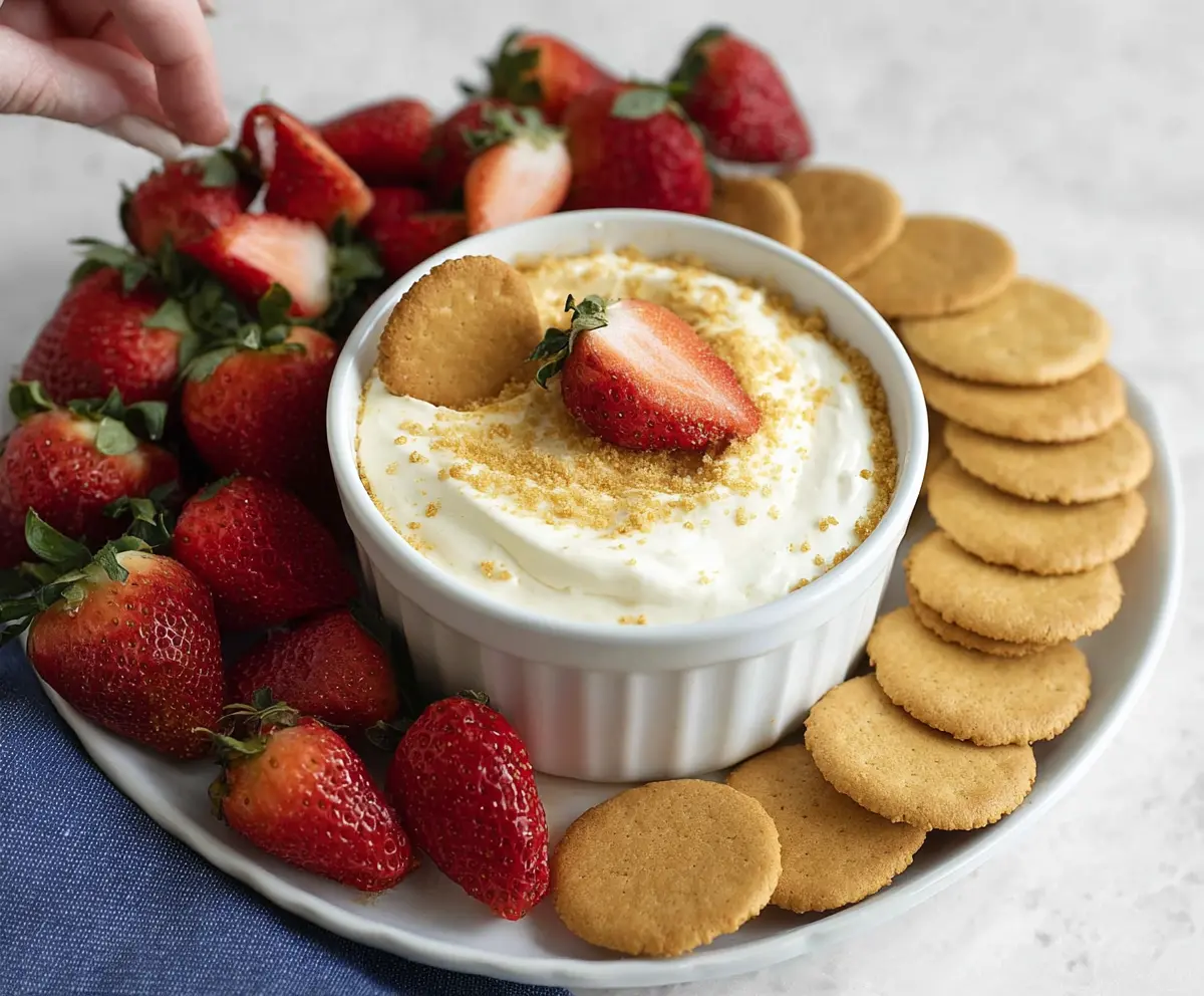 Creamy 3 Ingredient Cheesecake Dip with a graham cracker crust and strawberries for dipping