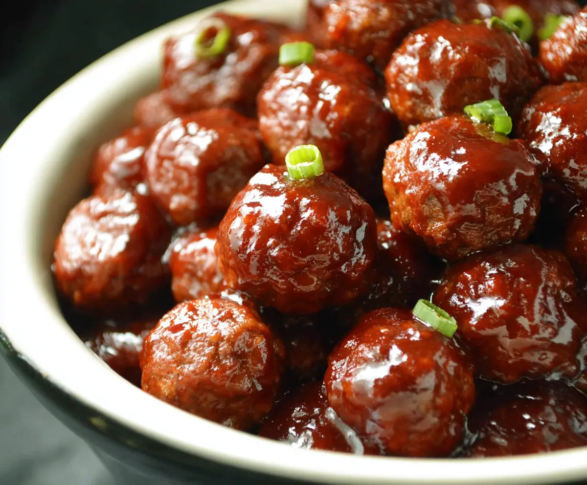 Delicious homemade 3 ingredient crockpot BBQ meatballs served in a bowl with sauce