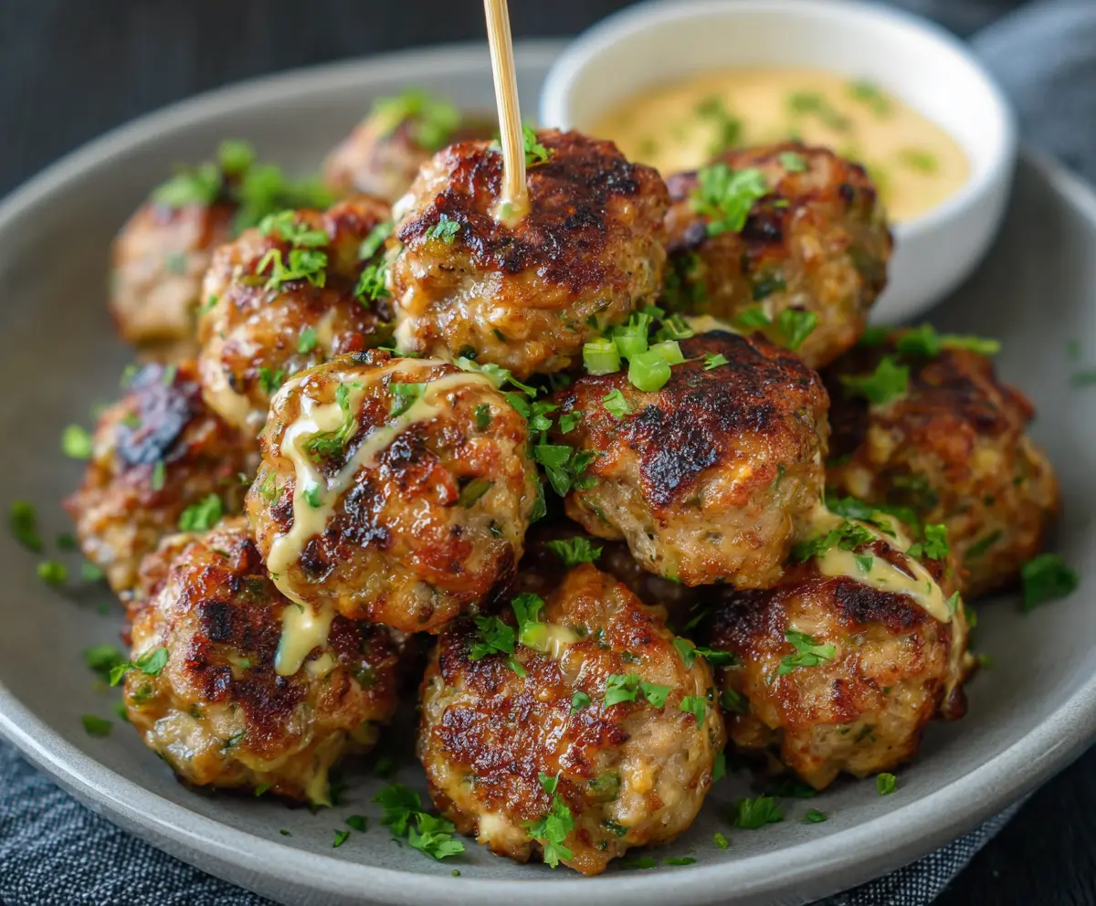 Delicious Air Fryer Bang Bang Chicken Meatballs served on a plate with dipping sauce.