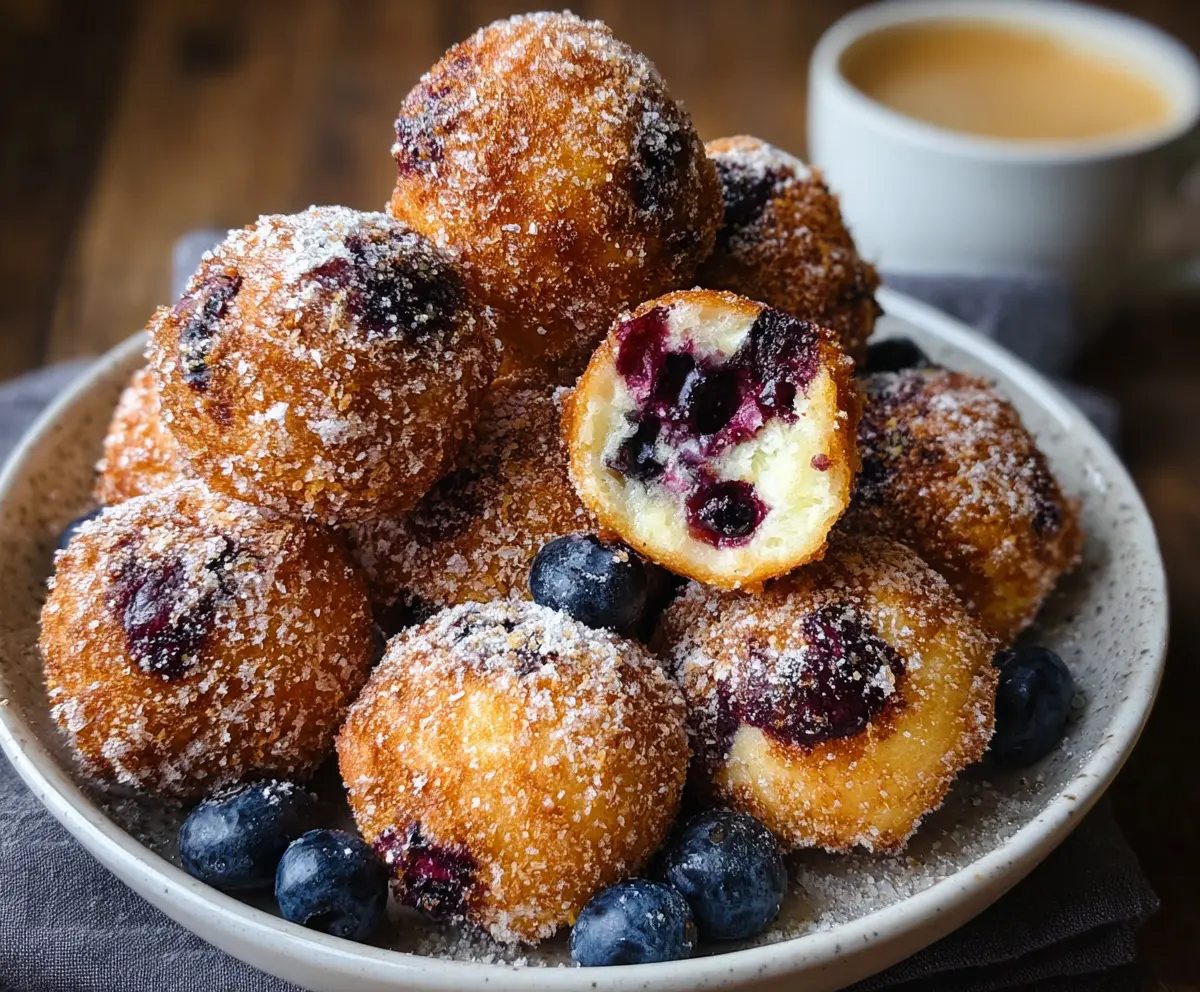 Delicious air fryer blueberry and cottage cheese donut holes on a white plate, perfect for a healthy snack.