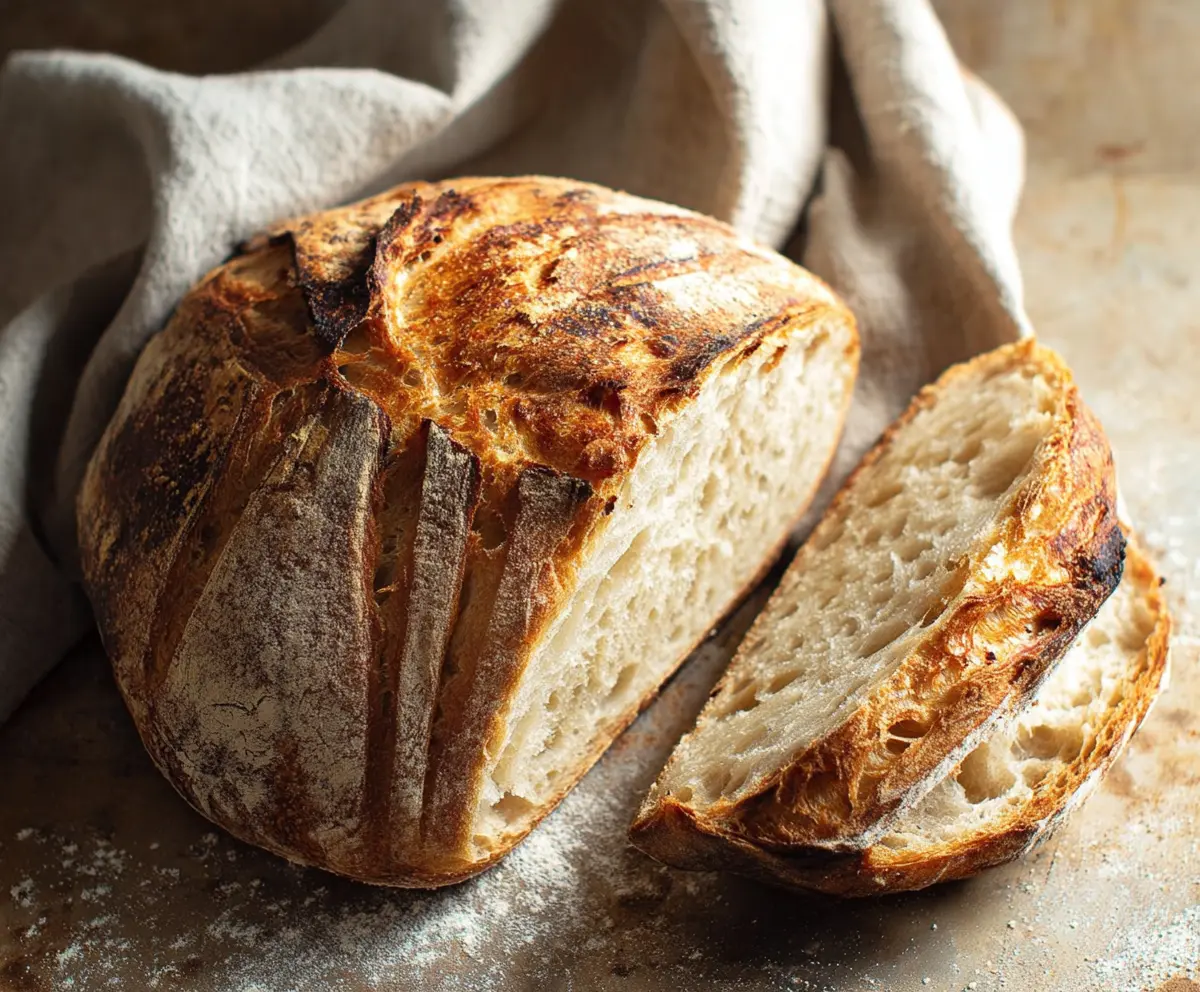 Close-up of homemade artisan sourdough bread with crispy crust and airy interior.