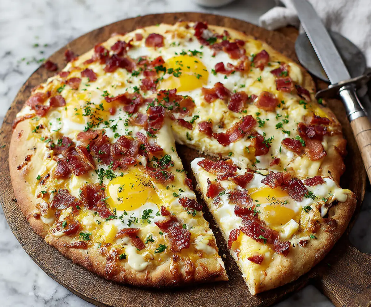 Delicious Bacon Egg Breakfast Pizza topped with crispy bacon and sunny-side-up eggs served on a wooden cutting board.