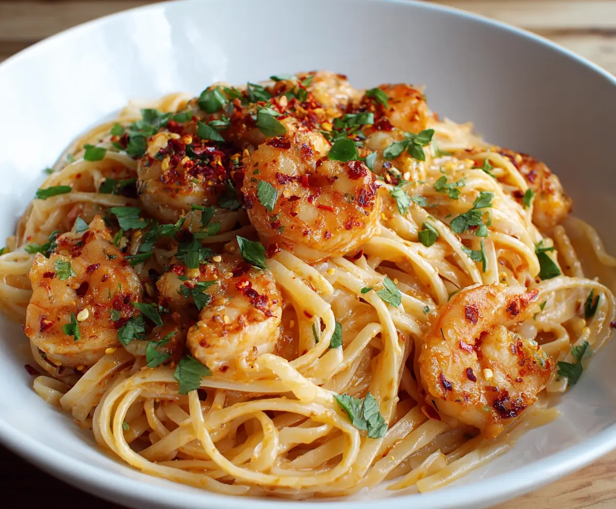 Creamy Bang Bang Shrimp Pasta with crispy shrimp and spicy sauce, served over pasta.