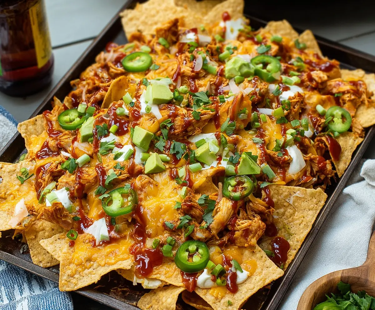 Delicious BBQ Chicken Nachos topped with melted cheese, jalapenos, and fresh cilantro.