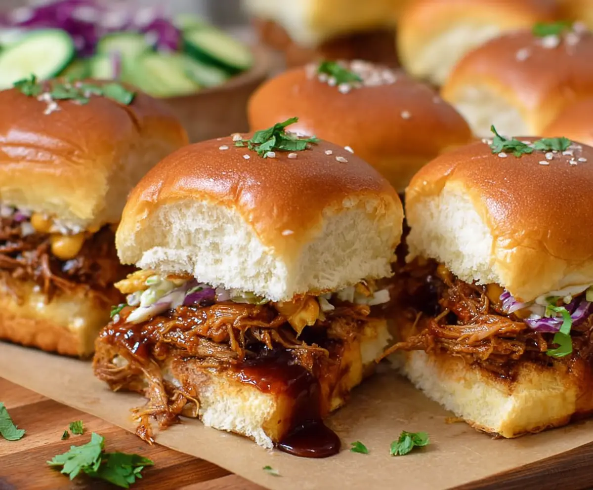 Juicy BBQ pulled pork sliders on soft Hawaiian rolls, perfect for a flavorful appetizer or meal.