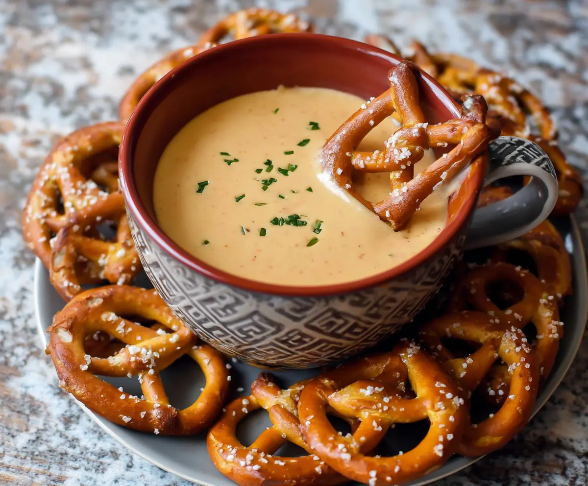 Creamy beer cheese dip served with crunchy pretzels for a delicious snack.