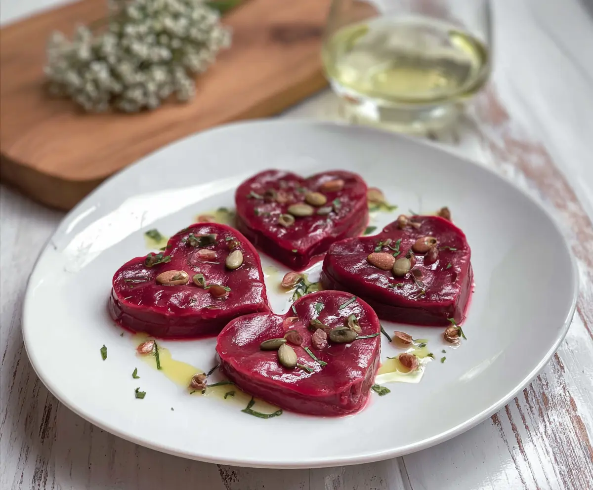 Delicious homemade beet heart ravioli served with fresh herbs and a drizzle of olive oil.