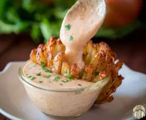 Creamy Bloomin Onion Sauce served with crispy onion petals for dipping.
