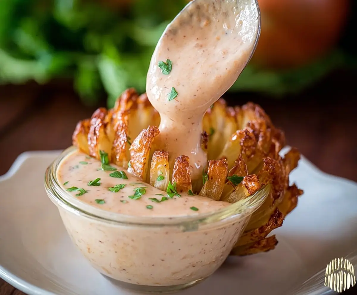 Creamy Bloomin Onion Sauce served with crispy onion petals for dipping.