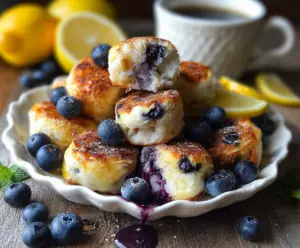 Delicious Blueberry Lemon Cottage Cheese Pancake Bites on a plate, garnished with fresh blueberries and lemon zest.