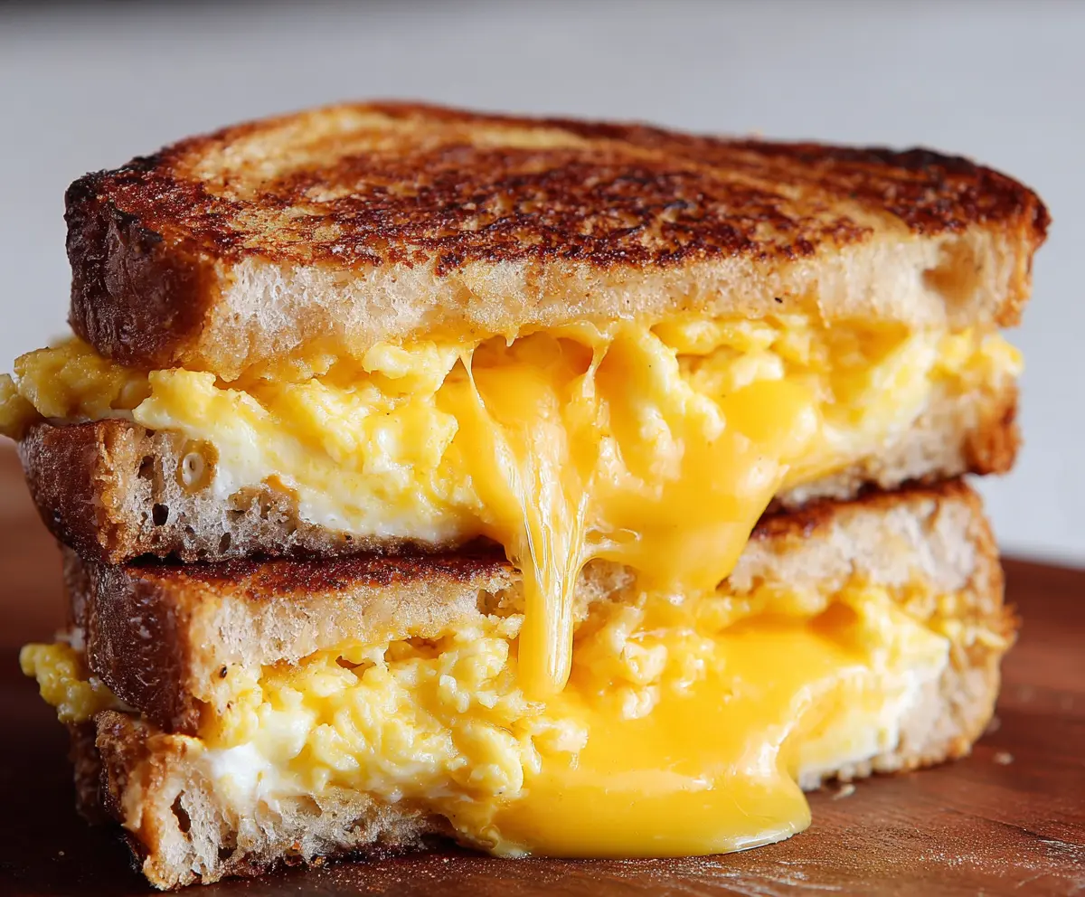 Delicious breakfast grilled cheese sandwich with melted cheese and crispy bread on a plate.