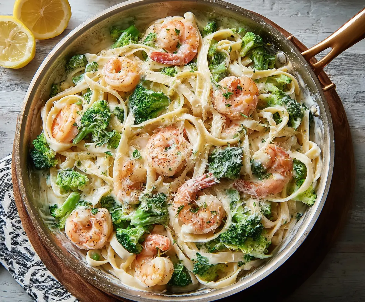 Delicious Broccoli Shrimp Alfredo served on a plate with fresh ingredients.