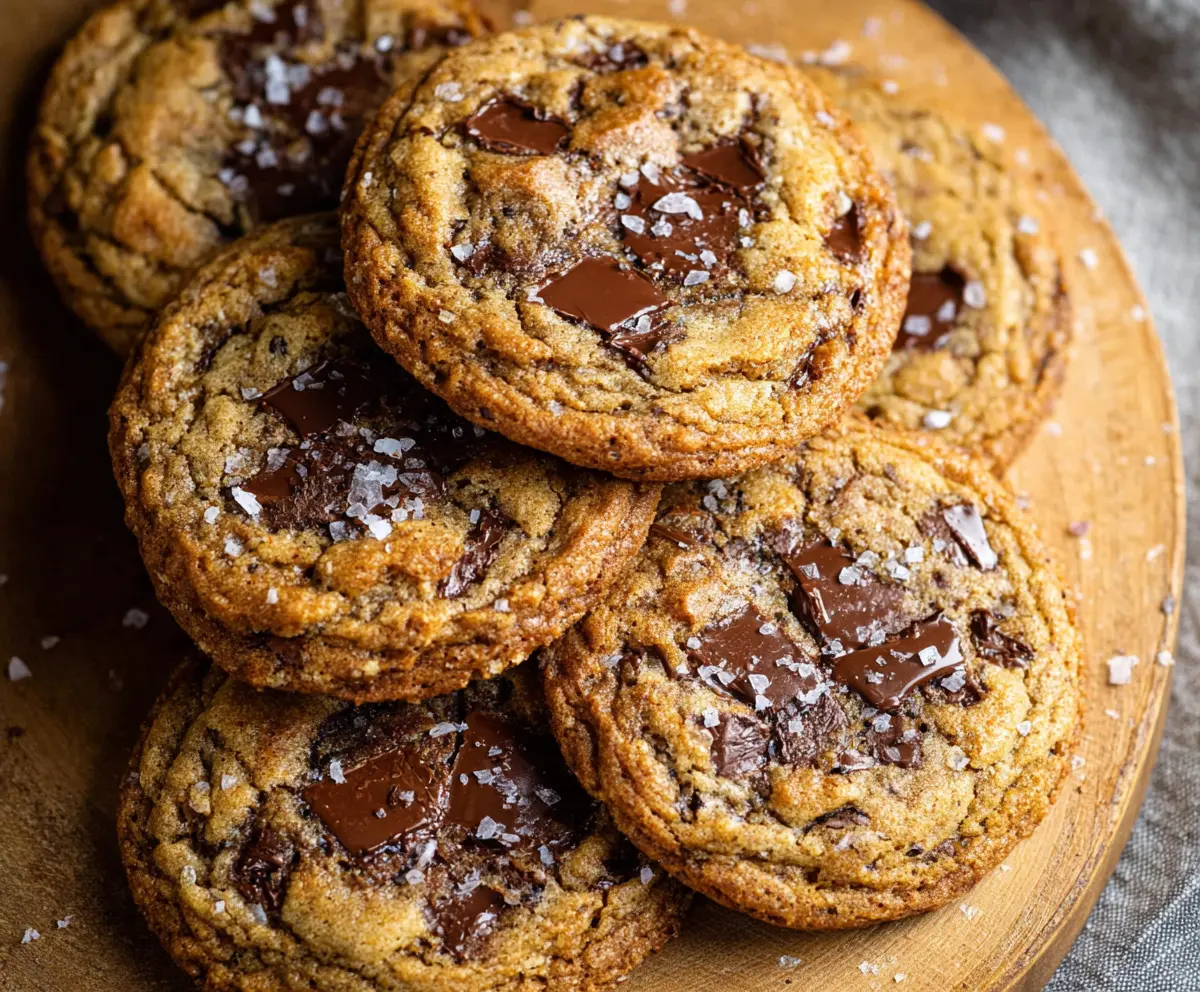 Golden brown Brown Butter Sourdough Discard Cookies on a rustic wooden surface