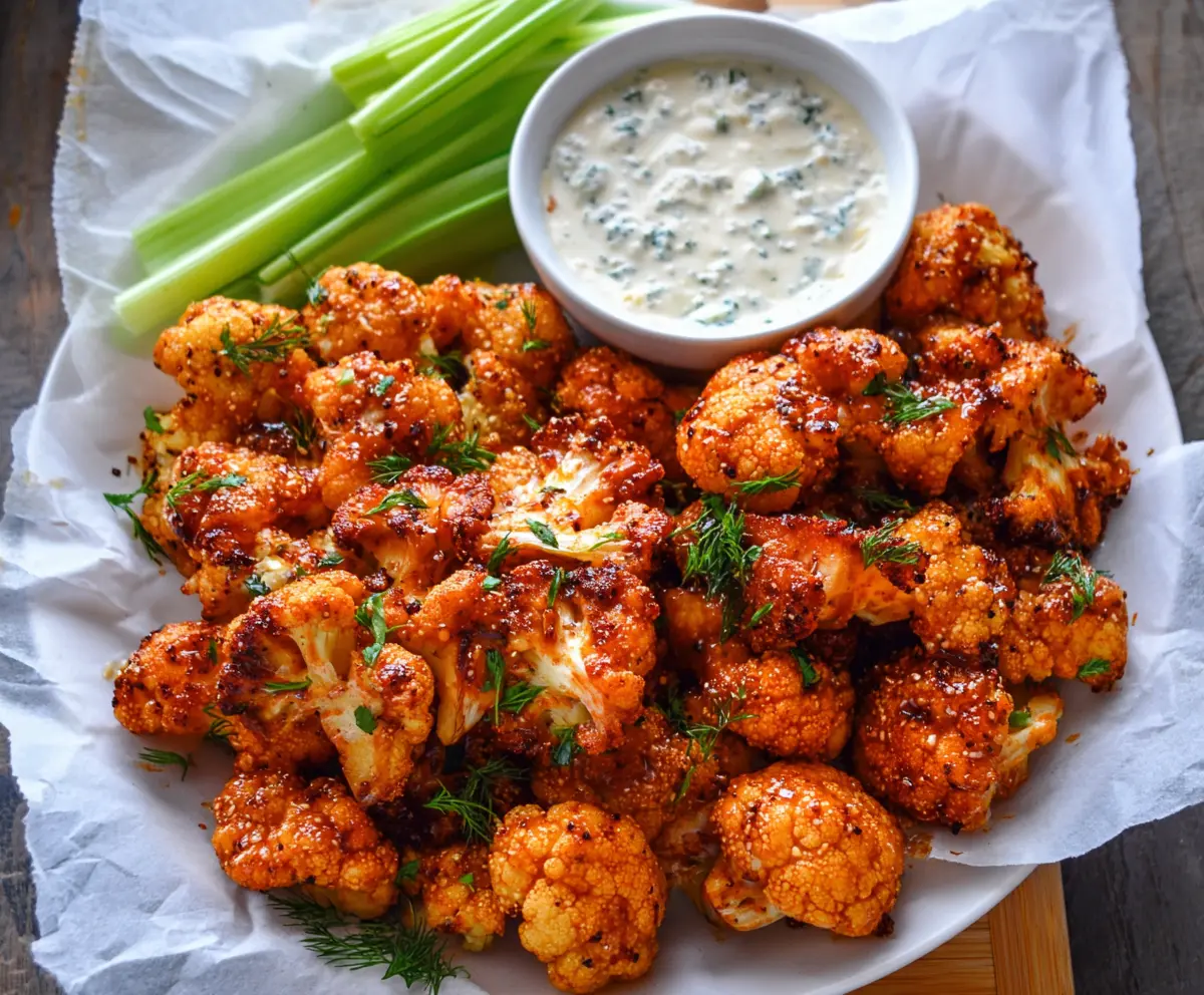 Crispy Buffalo Cauliflower Wings served with dipping sauce on a plate