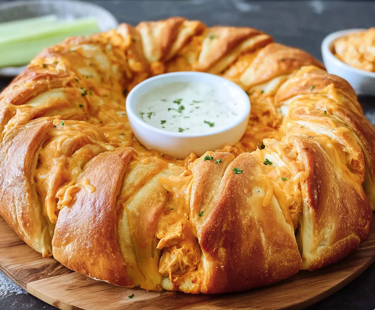Delicious Buffalo Chicken Crescent Ring with spicy chicken filling and golden crescent dough