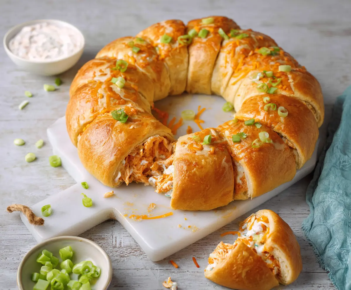 Delicious Buffalo Chicken Crescent Roll Ring with spicy sauce and melted cheese