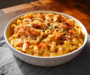 Creamy buffalo chicken mac and cheese with spicy sauce and melted cheese in a serving bowl