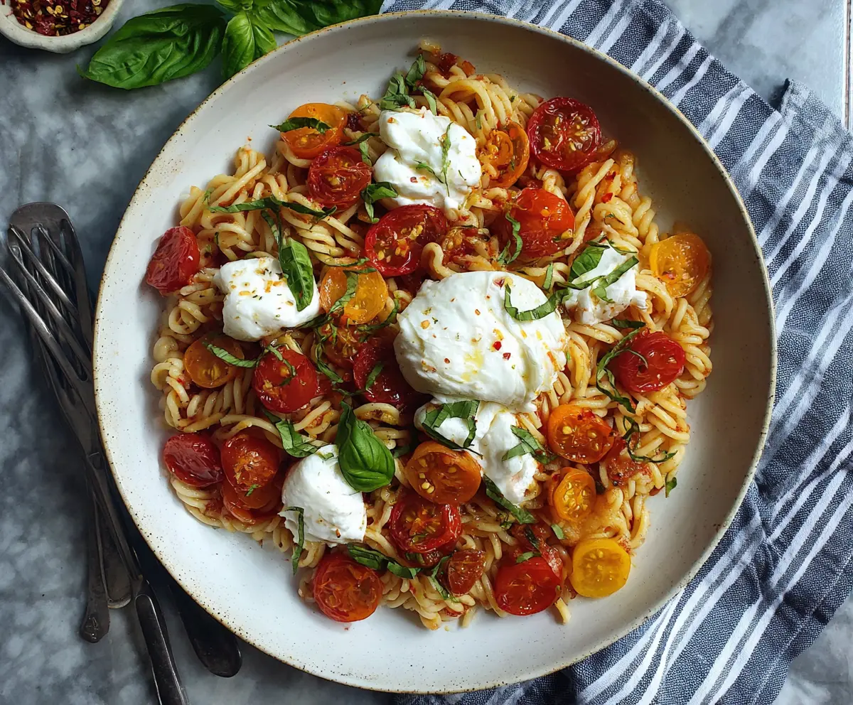 Delicious burst tomato burrata pasta with fresh basil and olive oil