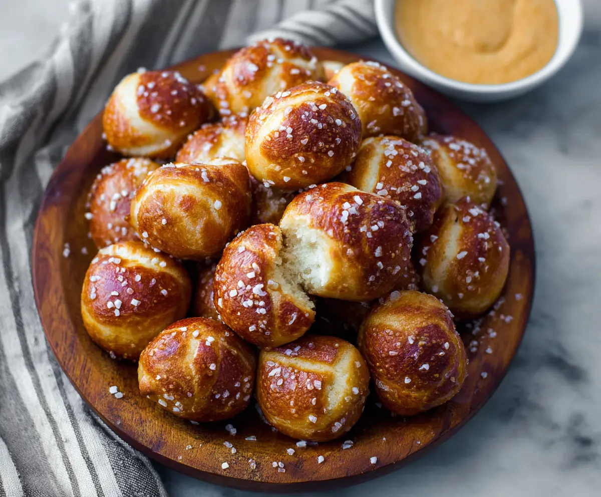 Golden brown buttery soft pretzel bites served with a side of dipping sauce.