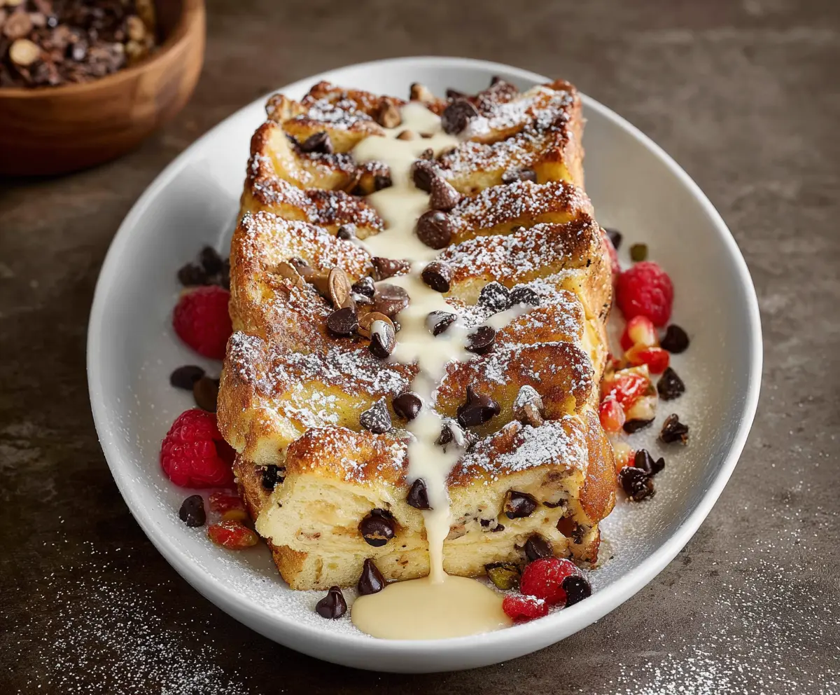 Delicious Cannoli French Toast topped with whipped cream and chocolate chips on a plate