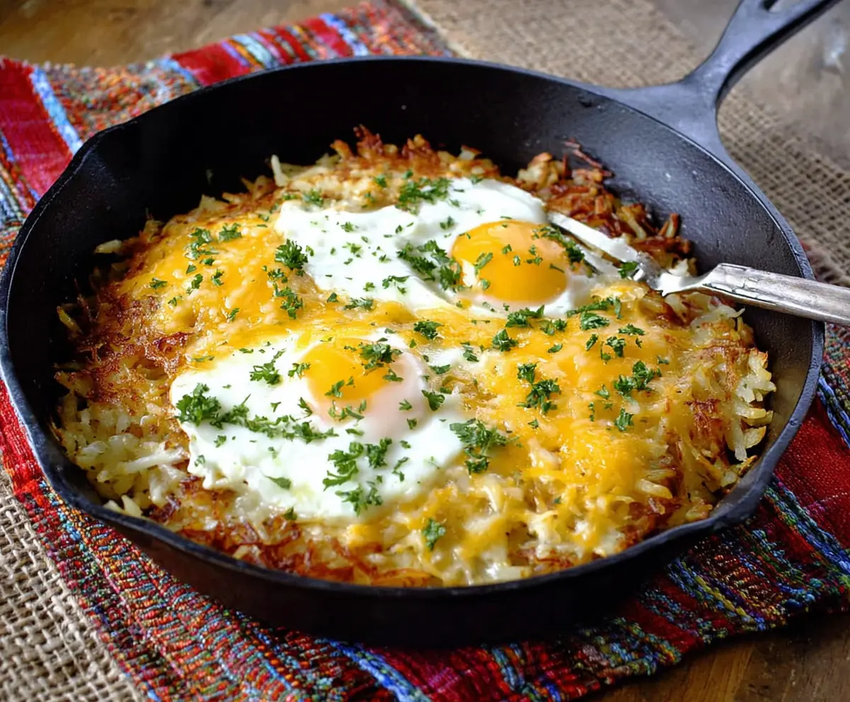 Delicious cheesy egg hash browns served hot on a plate, perfect for breakfast or brunch.