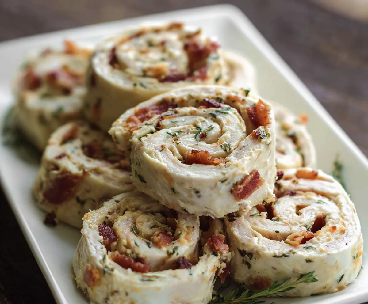 Delicious Chicken Bacon Ranch Pinwheels sliced and ready to eat, featuring crispy bacon, tender chicken, and creamy ranch filling.