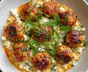 Delicious chicken ricotta meatballs served with fresh marinara sauce on a white plate.
