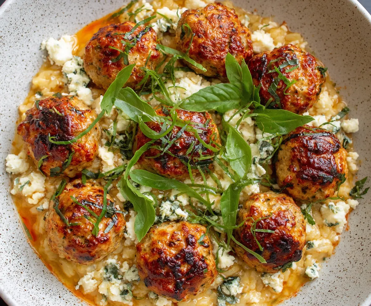 Delicious chicken ricotta meatballs served with fresh marinara sauce on a white plate.