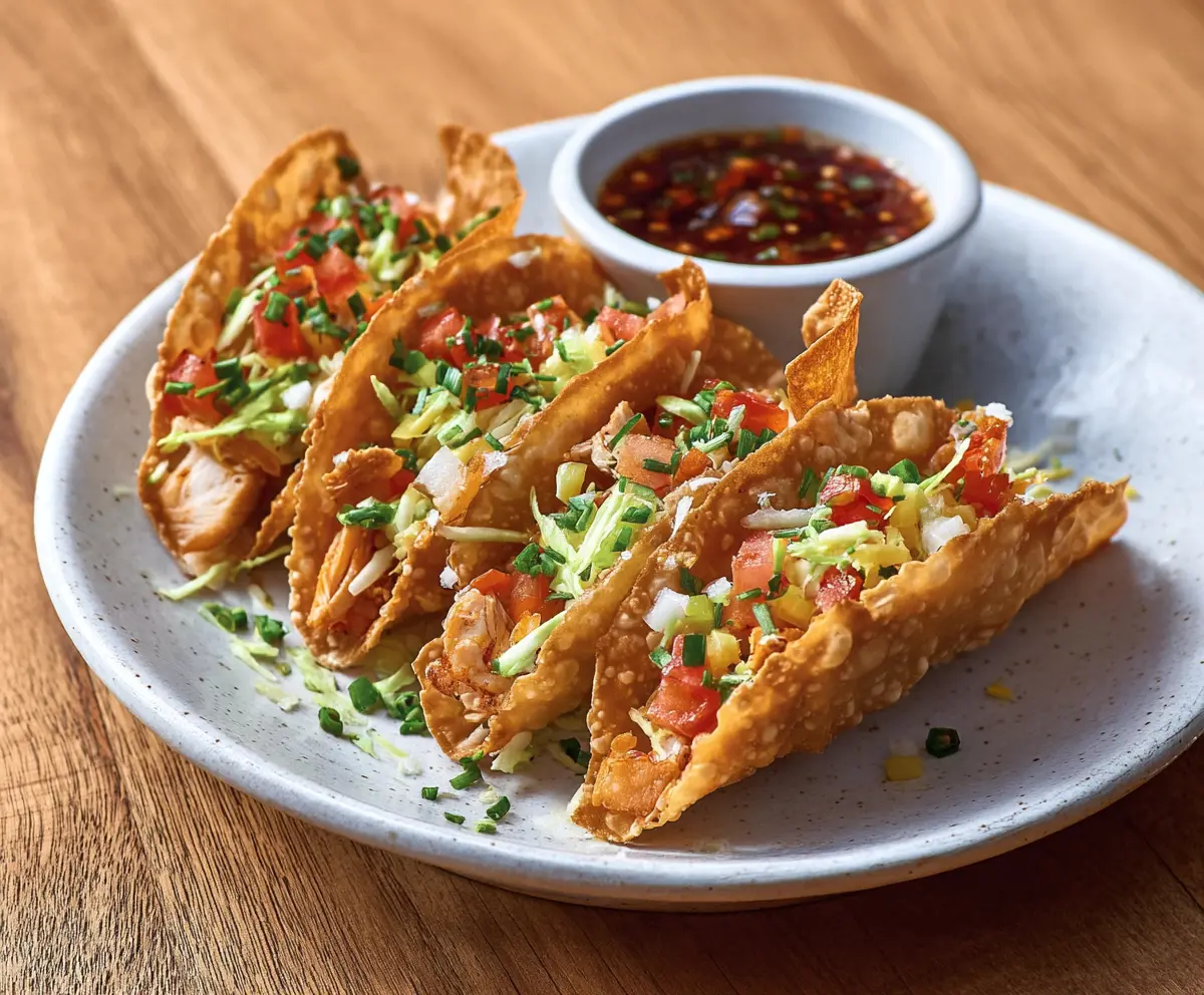 Delicious Chicken Wonton Tacos garnished with fresh vegetables and herbs served on a white plate.