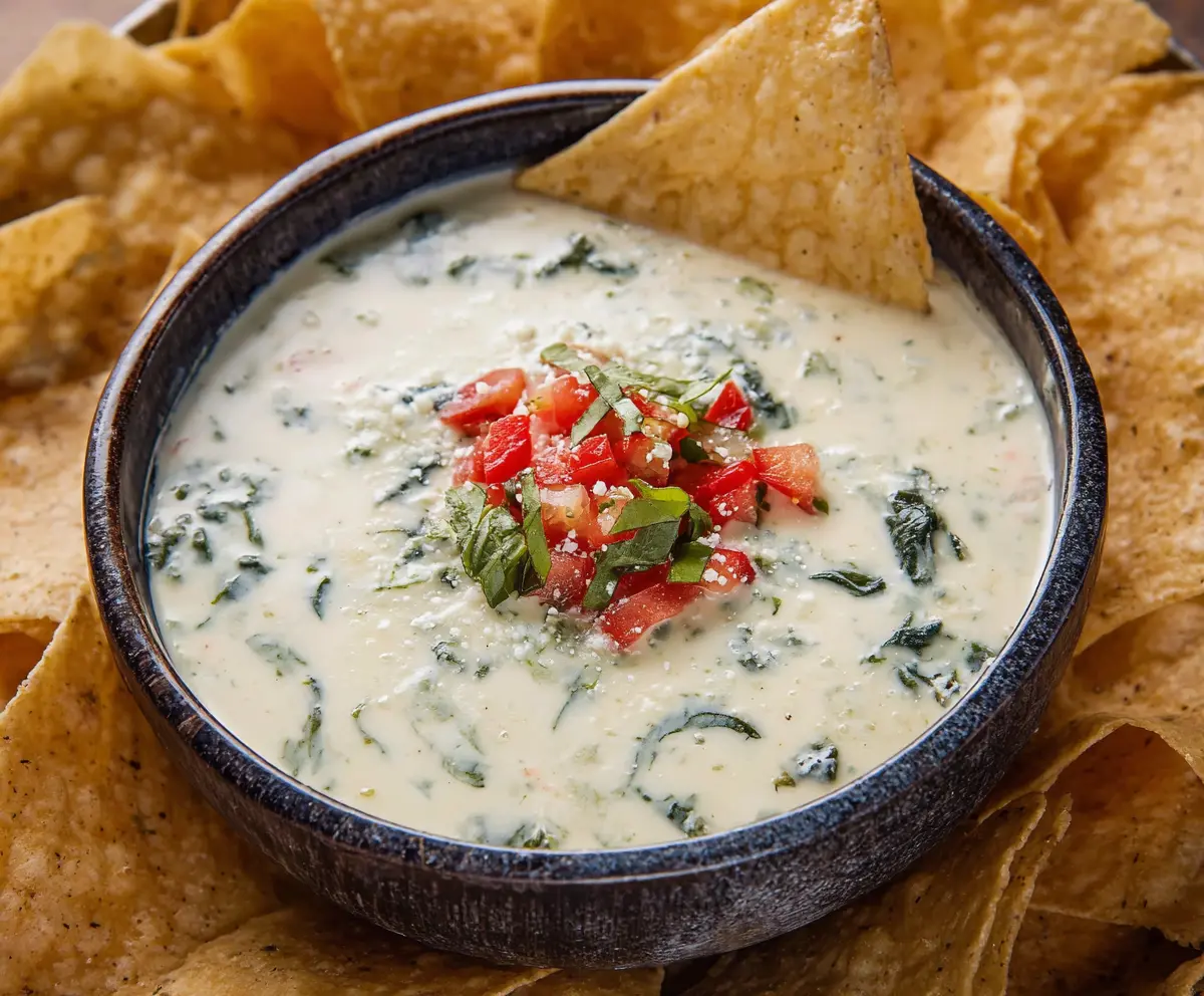 Delicious Chili's White Spinach Queso served in a bowl with crispy tortilla chips.