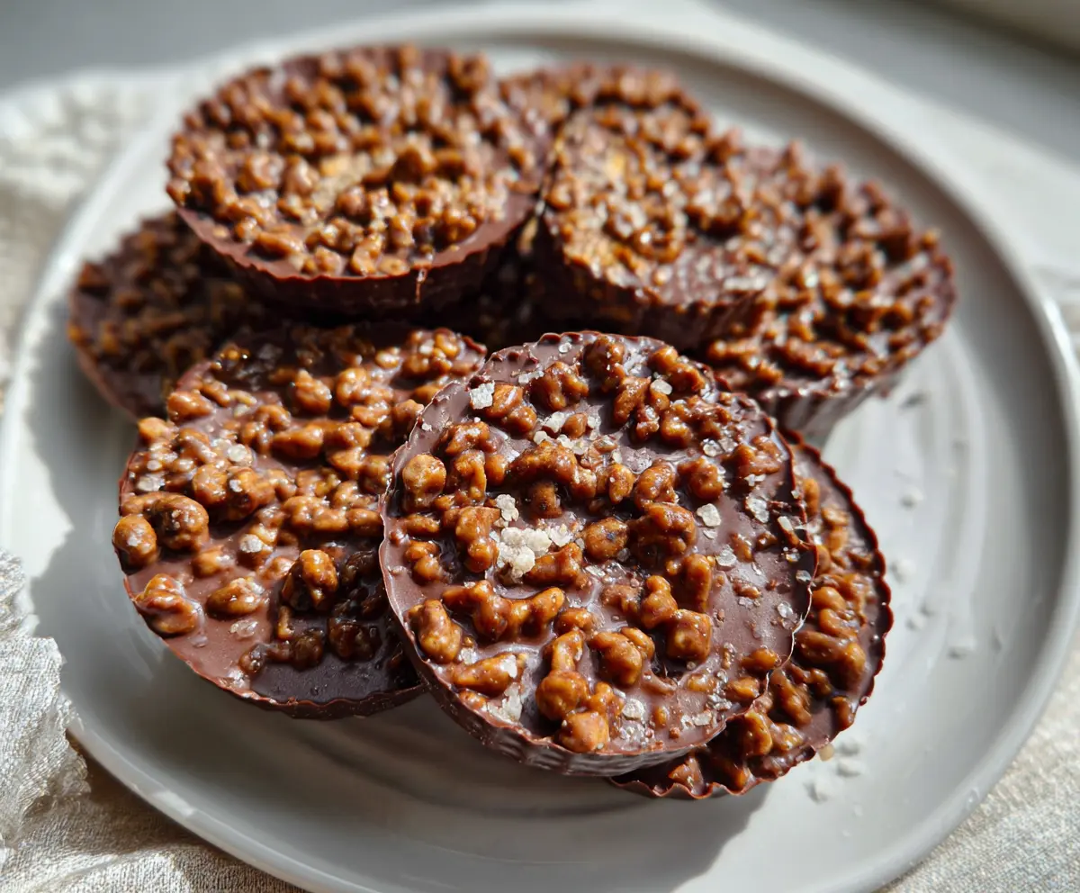 Decadent Chocolate Peanut Butter Crunch Cups with a glossy chocolate coating and crunchy peanut butter filling.