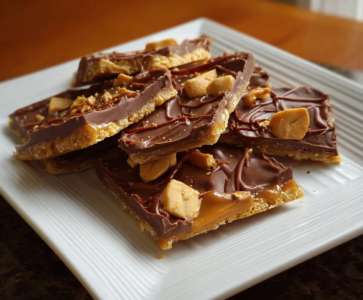 Delicious Chocolate Peanut Butter Cup Cracker Toffee topped with melted chocolate and crunchy toffee pieces.