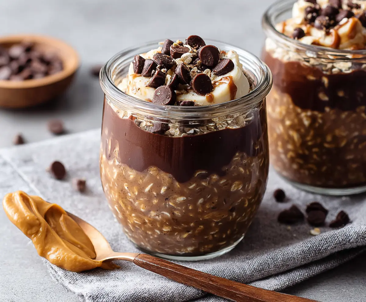 Creamy chocolate and peanut butter overnight oats in a jar, perfect for a healthy breakfast.