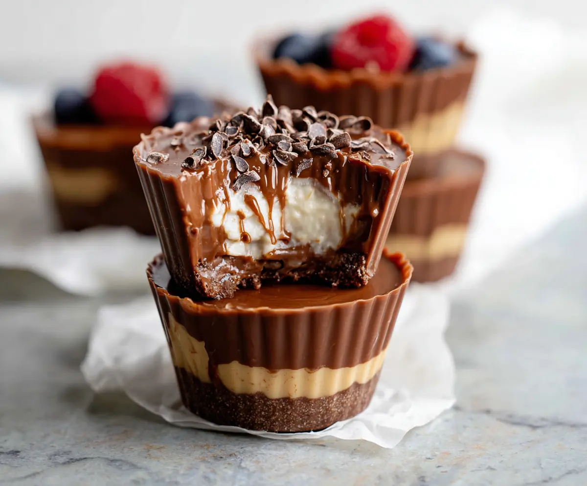 Healthy chocolate protein yogurt cups topped with cocoa and berries for a nutritious snack.
