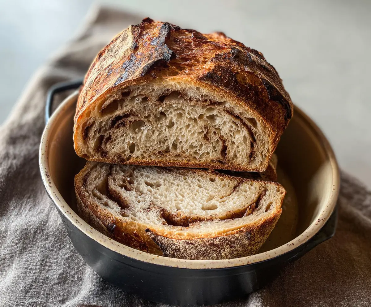 Homemade cinnamon swirl sourdough discard bread sliced, showcasing its soft interior with cinnamon patterns.