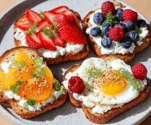 Creamy cottage cheese spread on whole grain toast topped with fresh herbs for a nutritious breakfast.