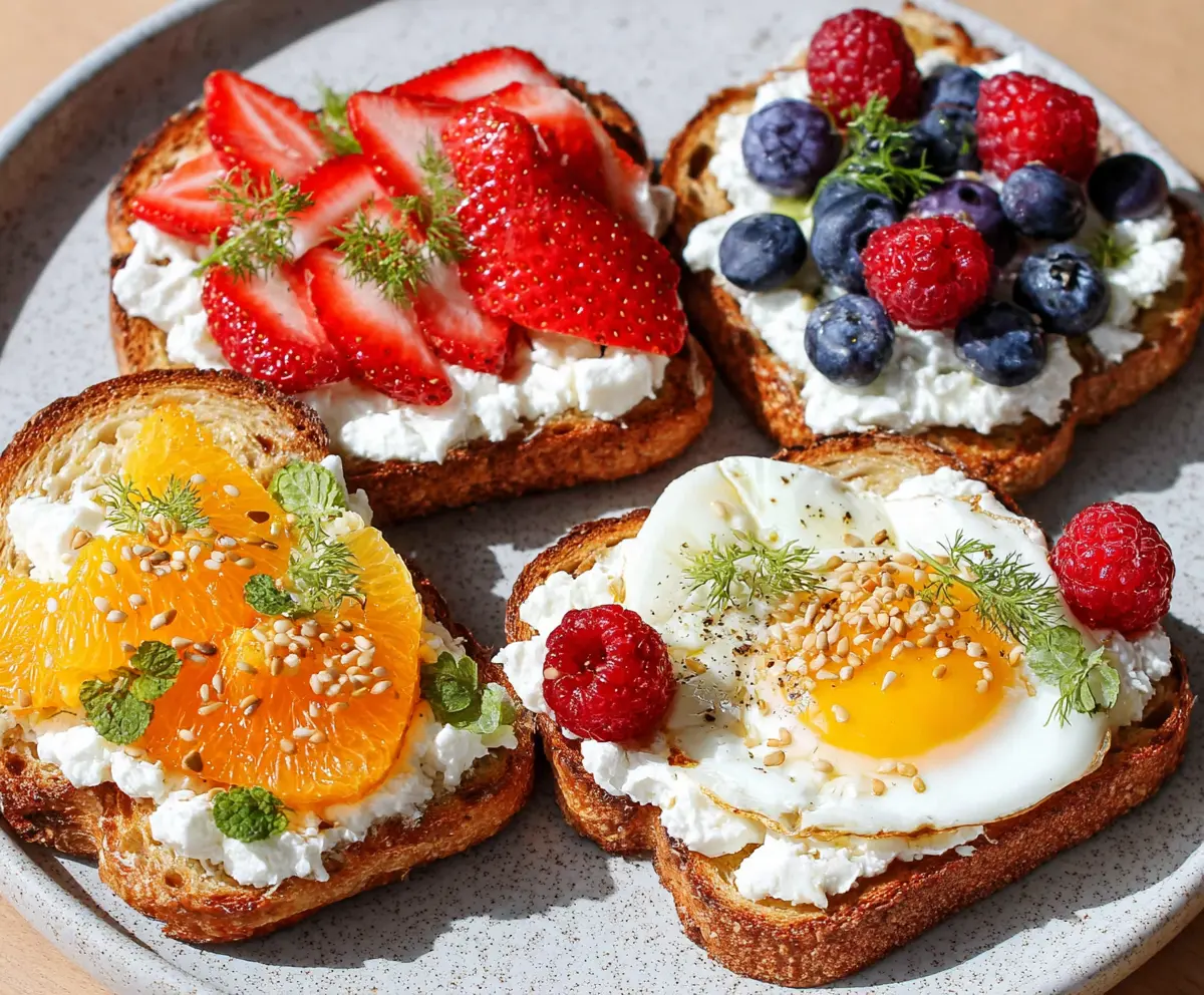 Creamy cottage cheese spread on whole grain toast topped with fresh herbs for a nutritious breakfast.