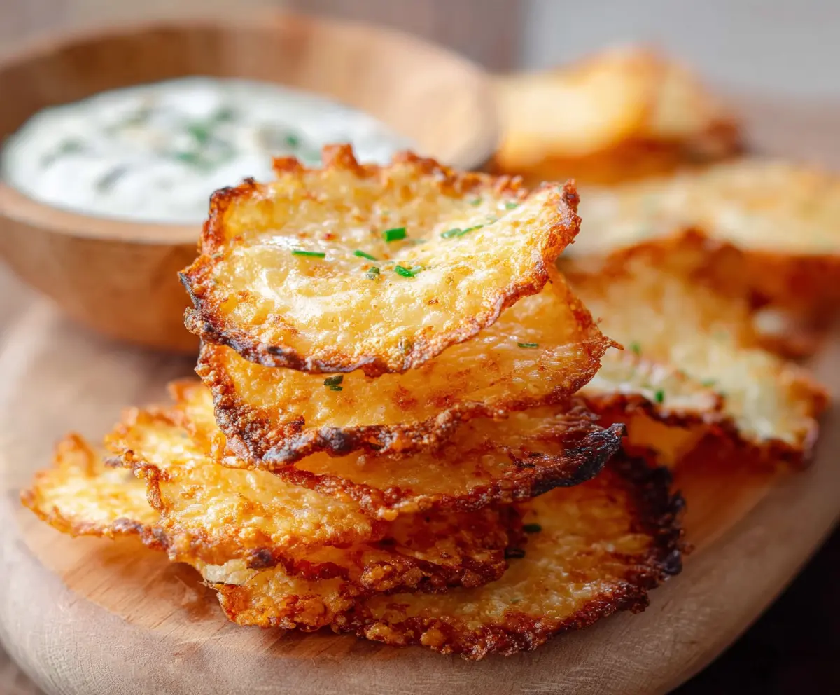 Crispy cottage cheese chips garnished with herbs on a plate, perfect for healthy snacking