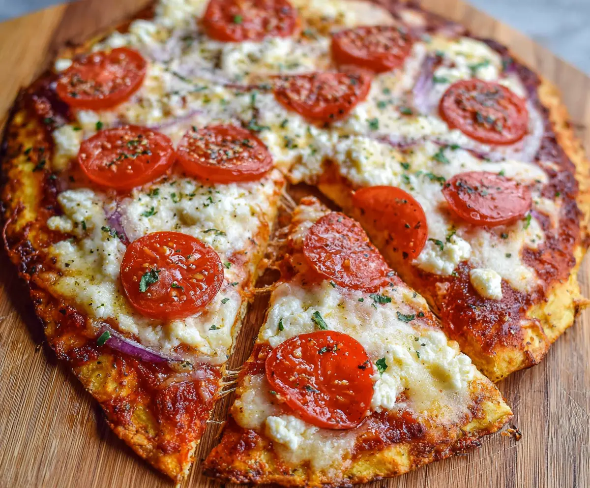 Delicious cottage cheese flatbread pizza topped with fresh vegetables and herbs.